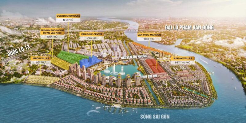 Van Phuc City với địa thế bán đảo ba mặt giáp sông